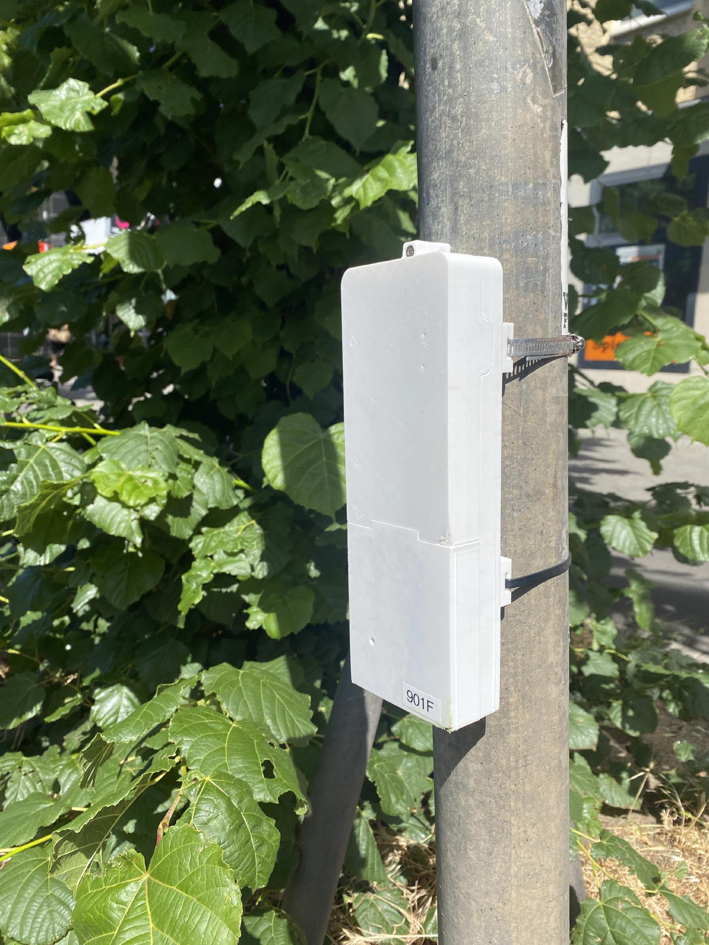Installiertes Sensor-Modul an einem Mast im Messgebiet